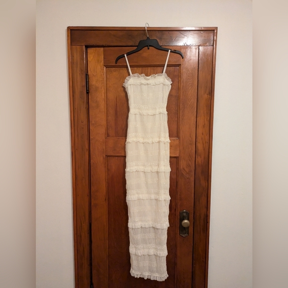 Lyrical Elegance Ruched Ruffle Ivory White Maxi Dress - Picture 6 of 9